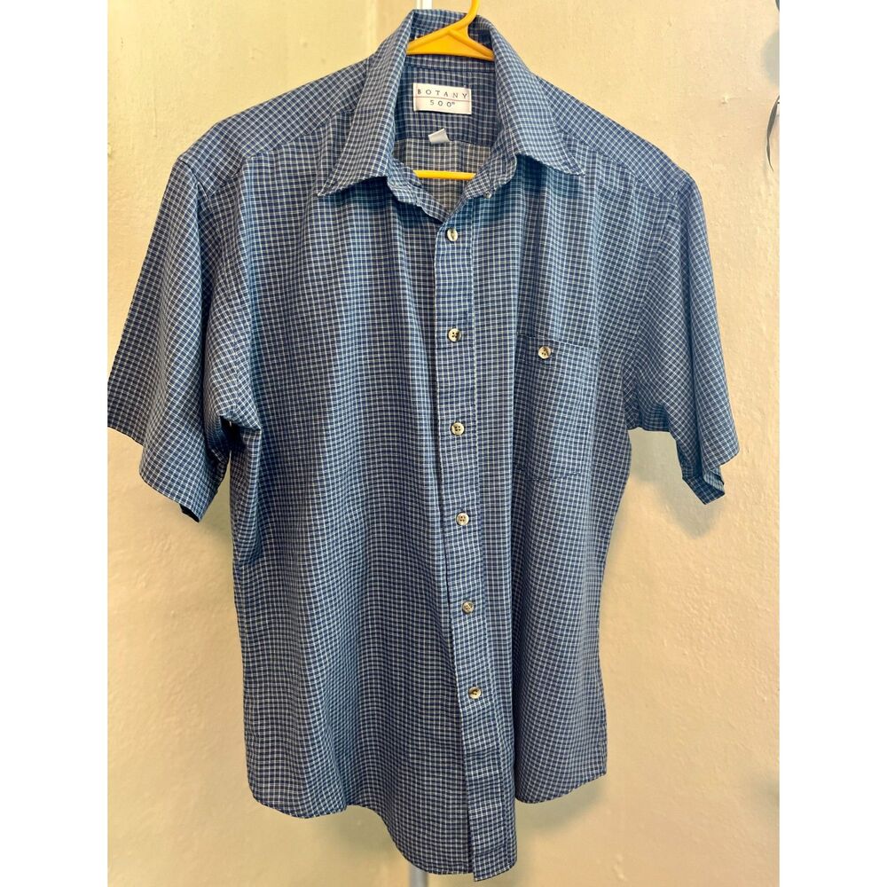 Vintage Botany 500 Half Sleeve Grid Plaid Button Down Shirt Blue White Size 15.5